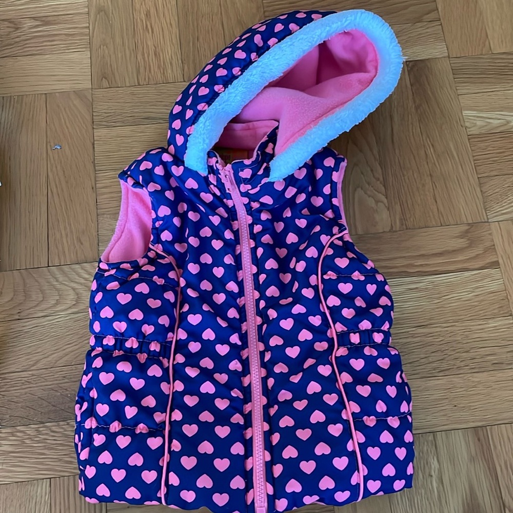 Penelope Mack Blue Puffer Hooded Vest with Pink Hearts Size 4T